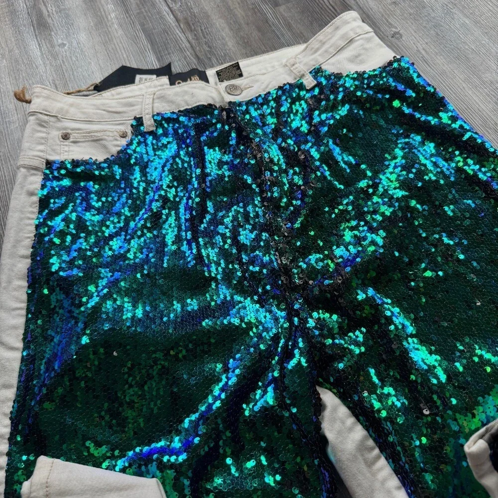 NEW QUUM Shop Women's 2XL White Stretch Sequin Jeans Destressed Blue Green - Picture 6 of 7